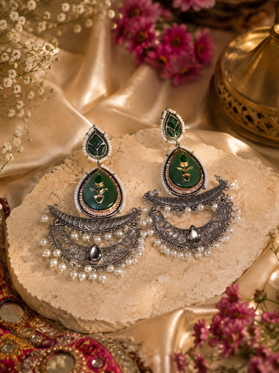 Navratri Emerald Heritage Chandbali Earrings
