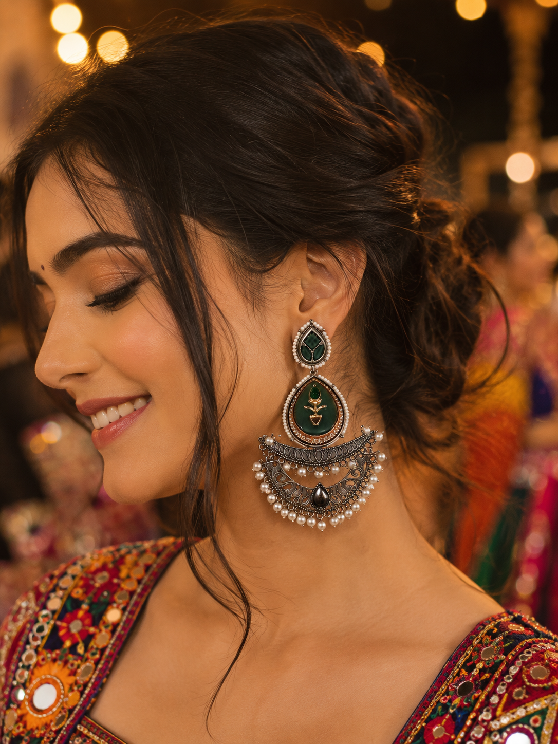 Navratri Emerald Heritage Chandbali Earrings