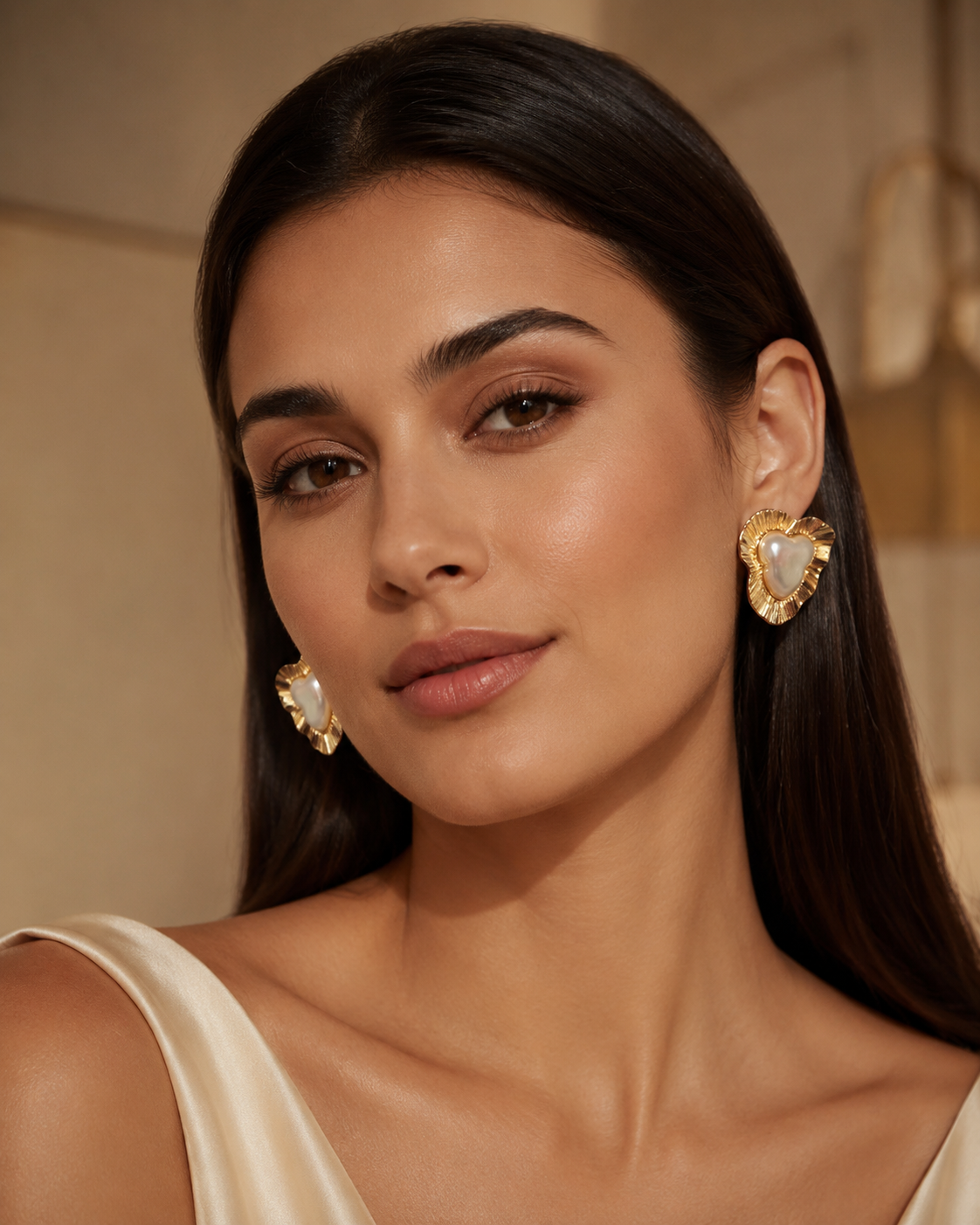 Golden Pearl Heart Stud Earrings