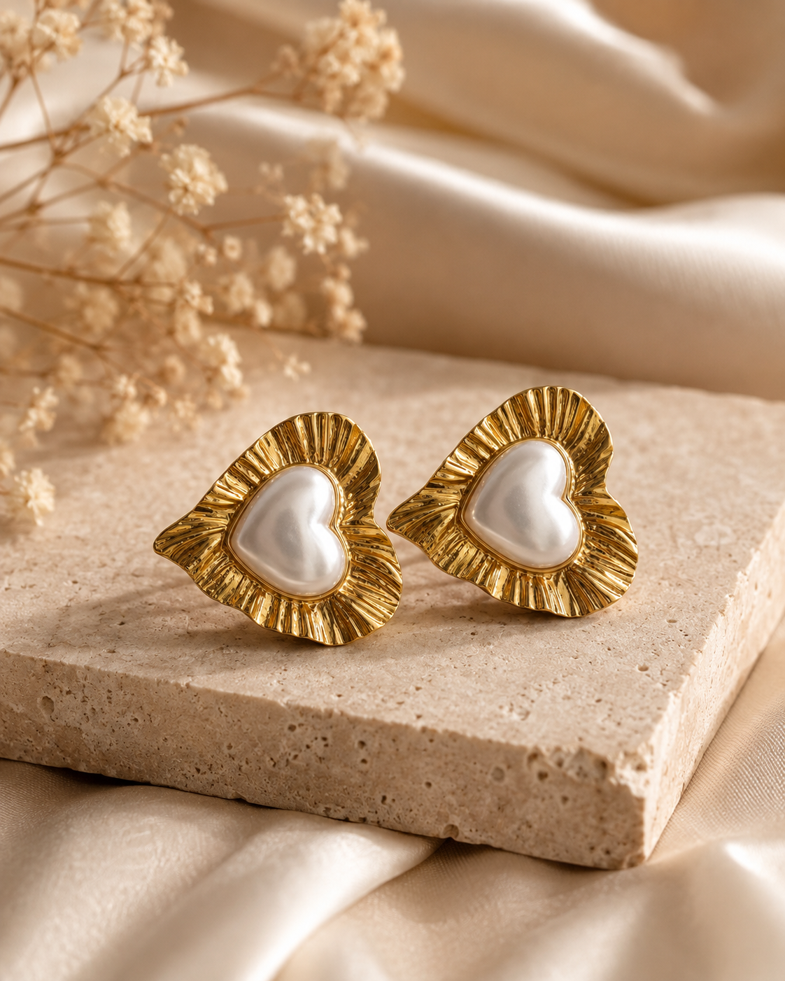Golden Pearl Heart Stud Earrings