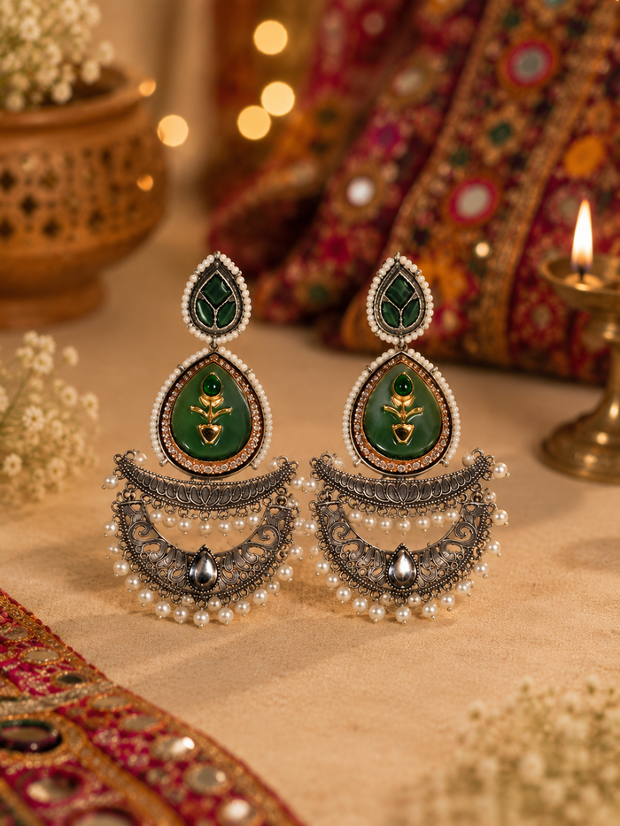Navratri Emerald Heritage Chandbali Earrings