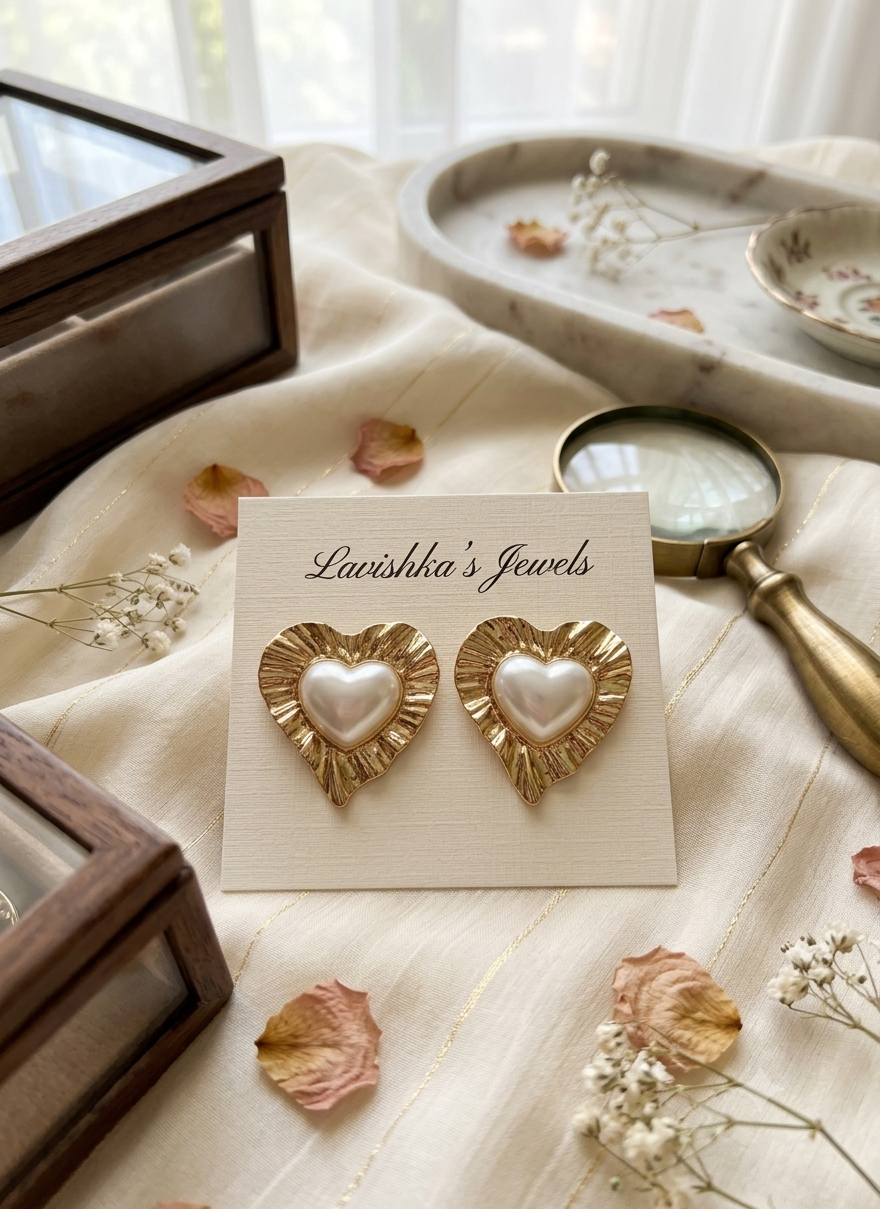 Golden Pearl Heart Stud Earrings