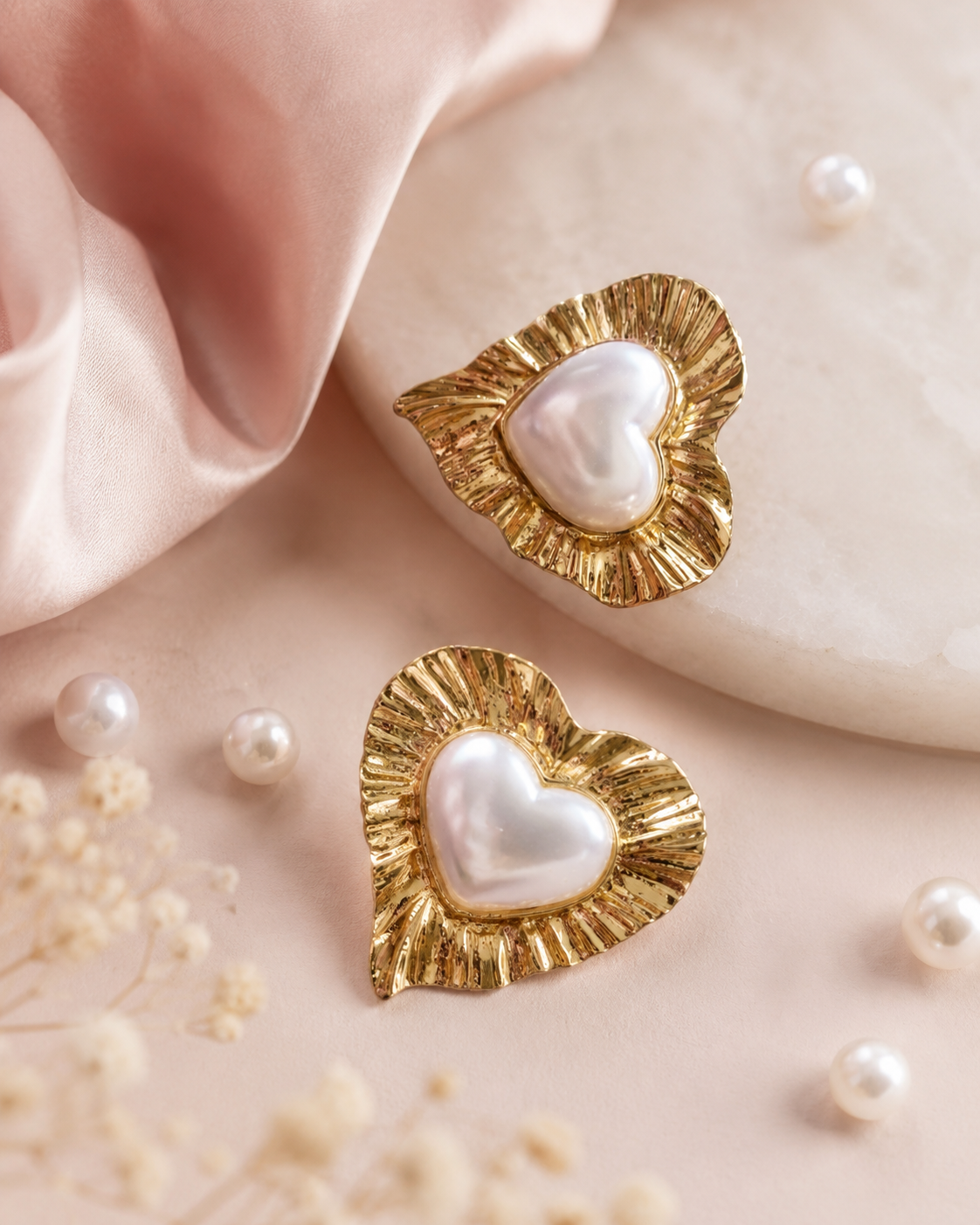 Golden Pearl Heart Stud Earrings