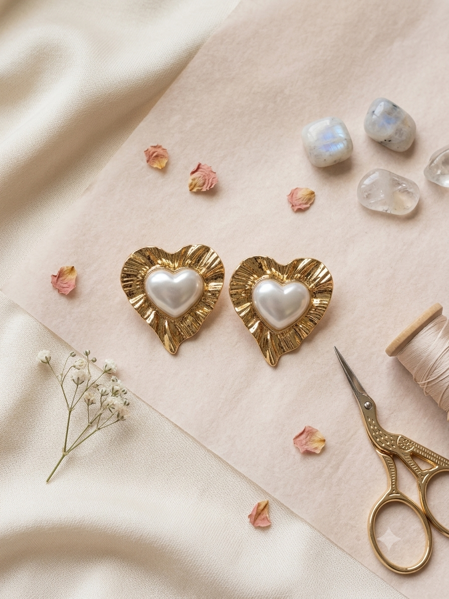 Golden Pearl Heart Stud Earrings
